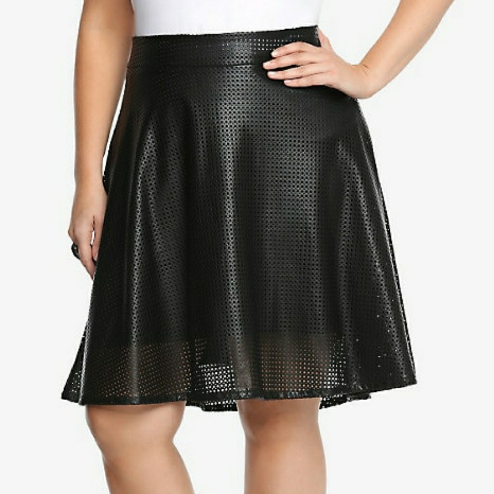 Black Perforated Faux Leather Skater Skirt